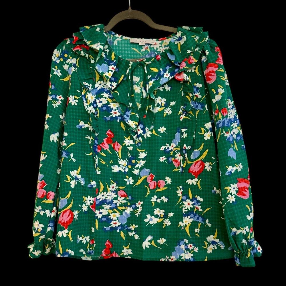 Loft Bouquet Ruffle Tie Neck Blouse